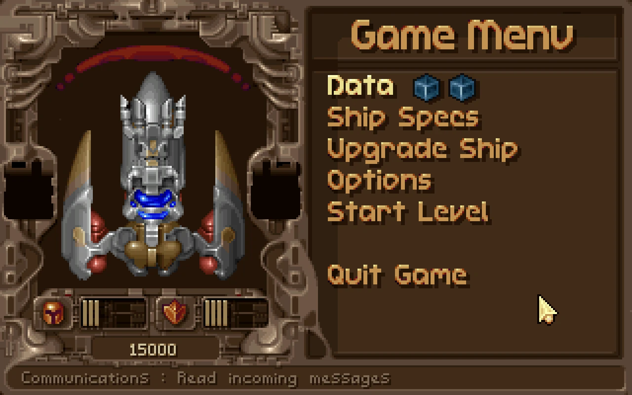 Tyrian 2000 game menu showing ship upgrade options and specs with pixel art spaceship
