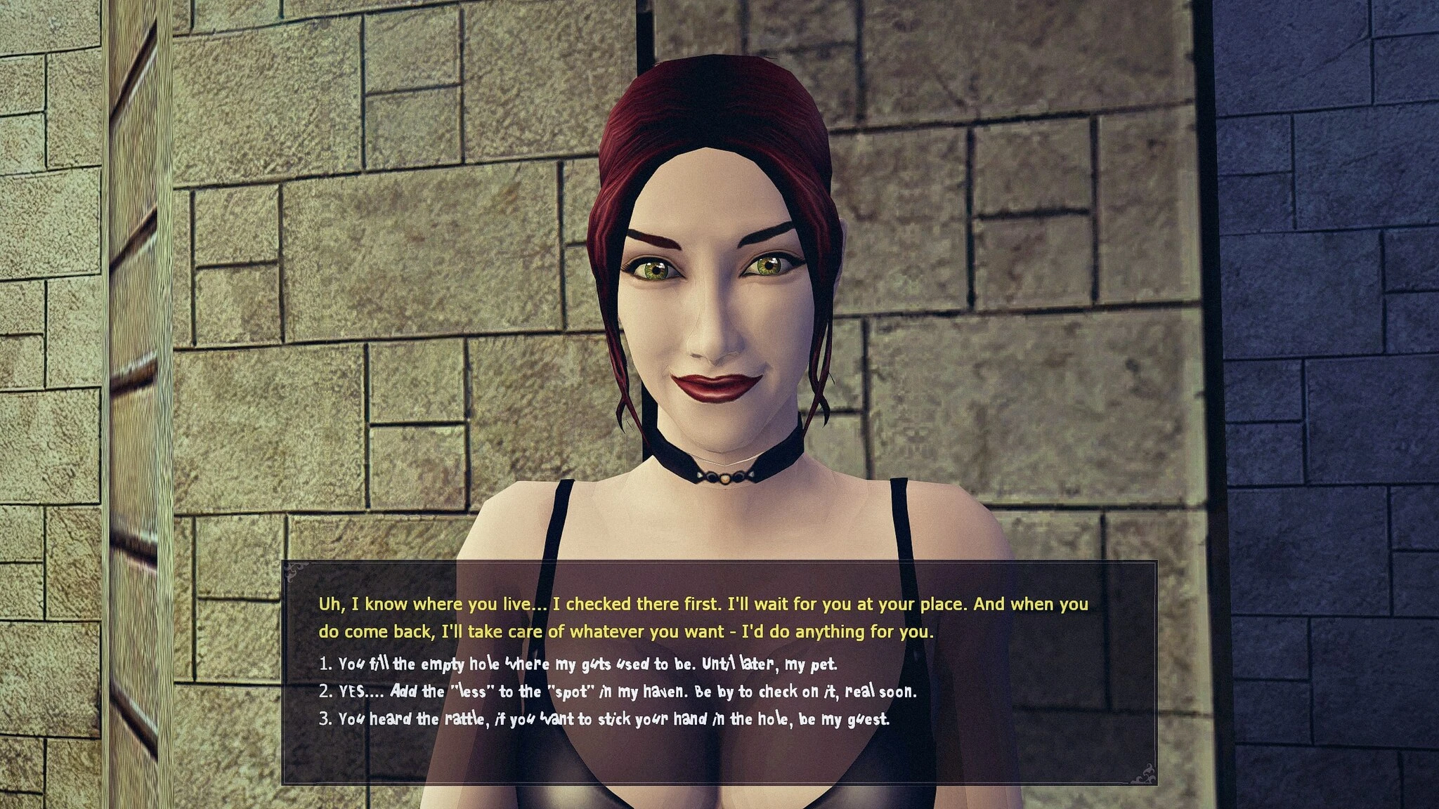 Close-up of Heather character with red hair and dialogue options in Vampire The Masquerade Bloodlines