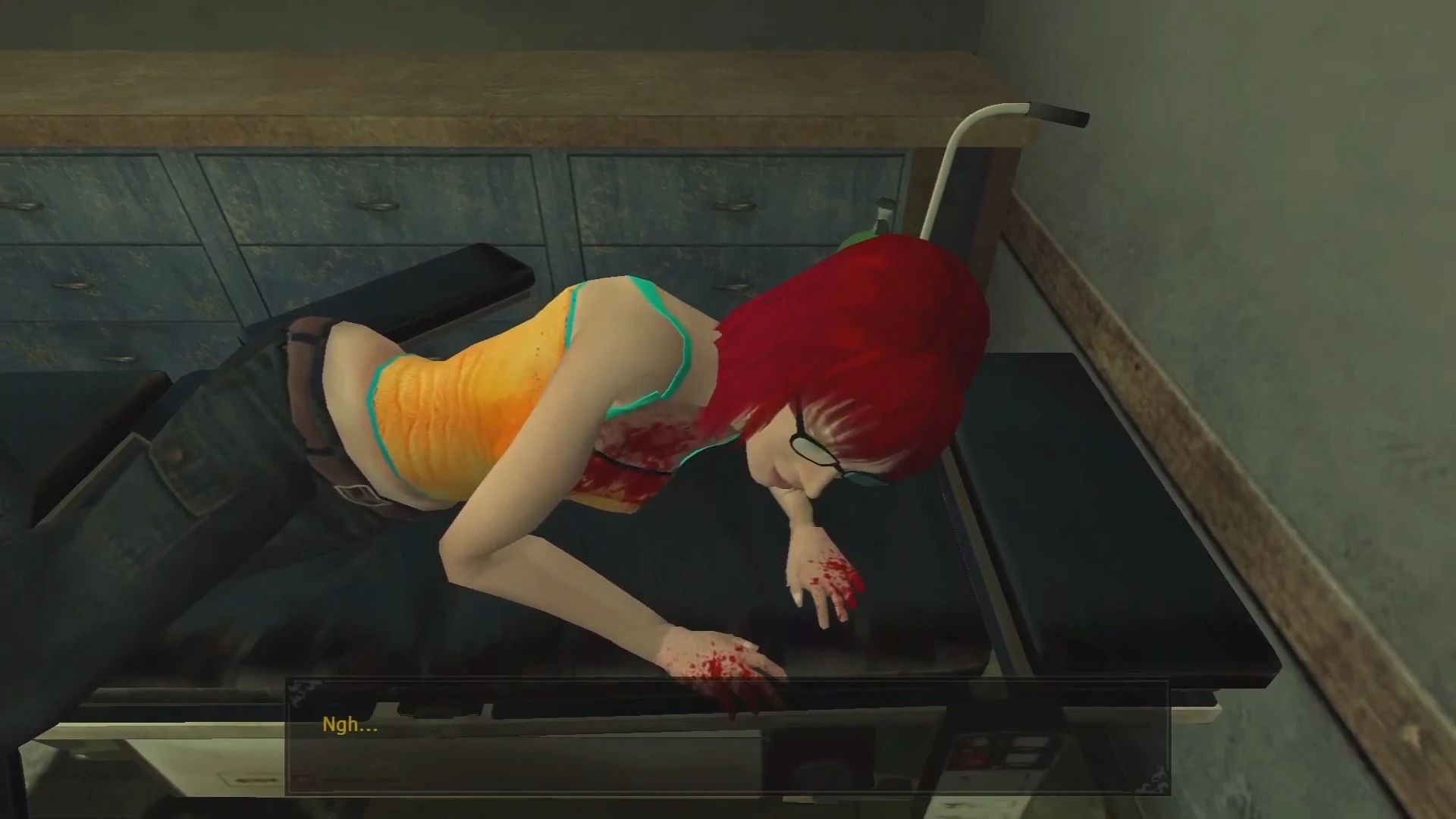 Charakter mit blutigen Händen liegt auf einem Untersuchungstisch in einem klinischen Raum in Vampire The Masquerade Bloodlines