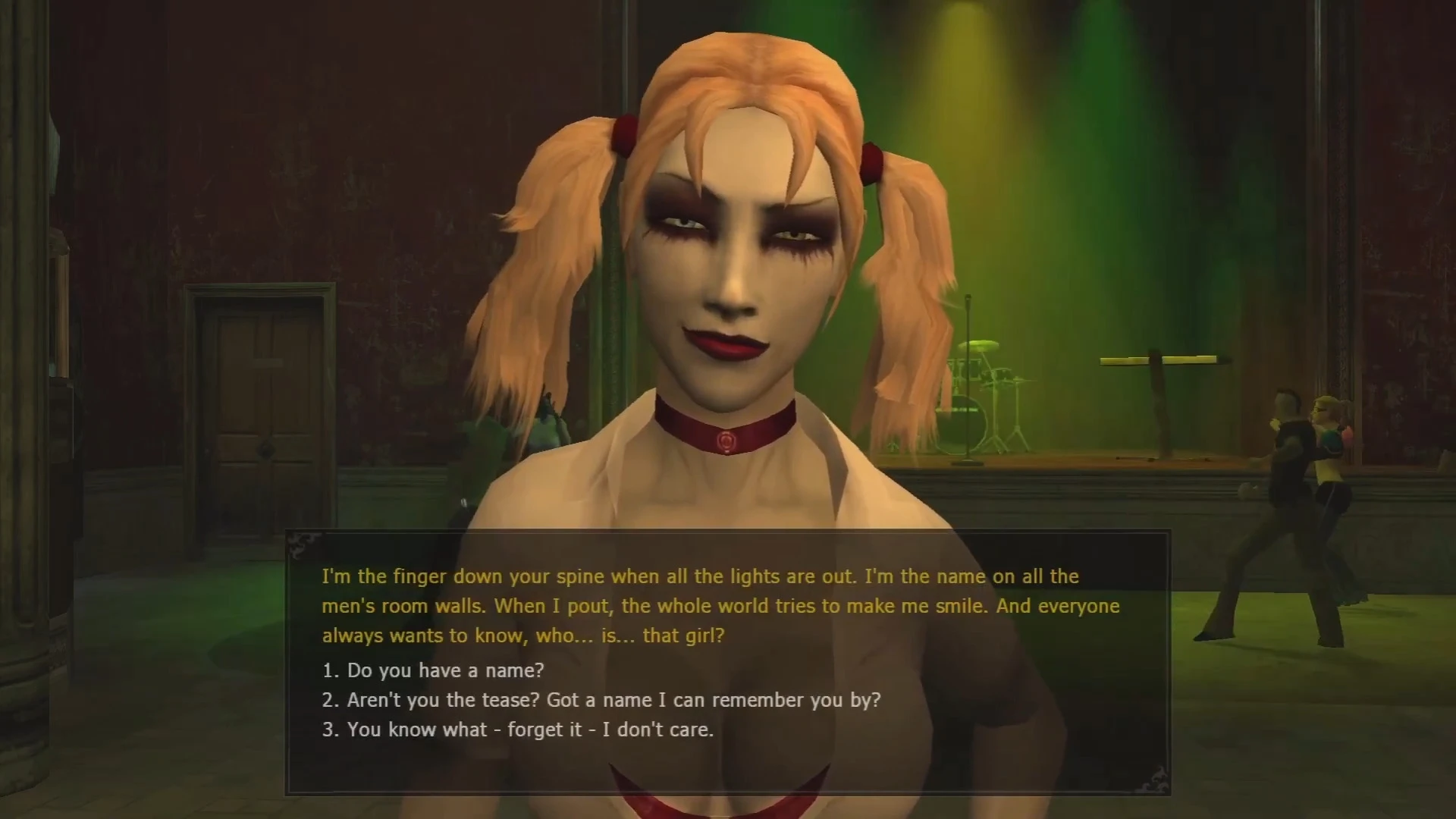 Nahaufnahme einer weiblichen Figur mit Zöpfen und starkem Make-up im Gespräch im Vampire The Masquerade Bloodlines Extreme Mod