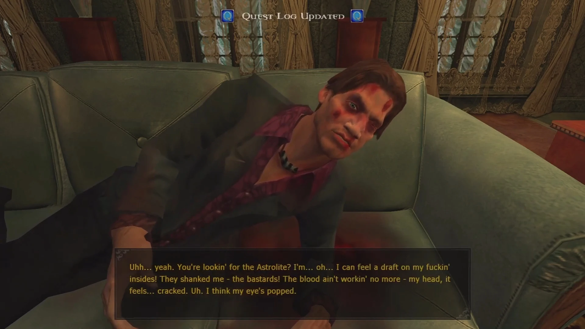 Blutiger NPC liegt auf Sofa und spricht mit Quest-Log-Aktualisierung in Vampire The Masquerade Bloodlines Mod
