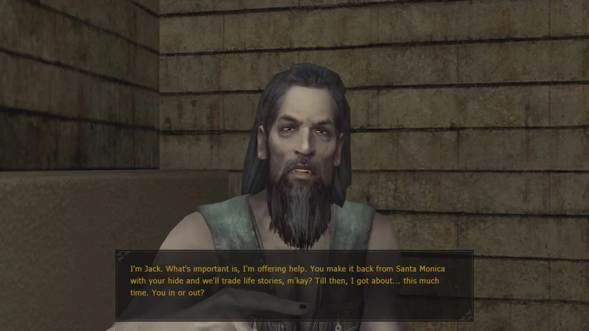 Nahaufnahme eines bärtigen Mannes, der in einem schwach beleuchteten Raum im BLOODLINES EXTREME Mod von Vampire: The Masquerade - Bloodlines spricht