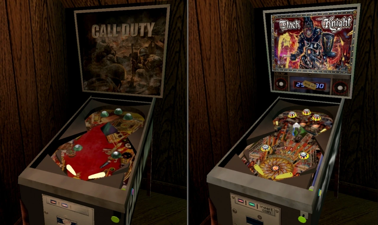 Zwei klassische Flipperautomaten in einem dunkelholzvertäfelten Raum mit Call of Duty- und Black Knight-Designs