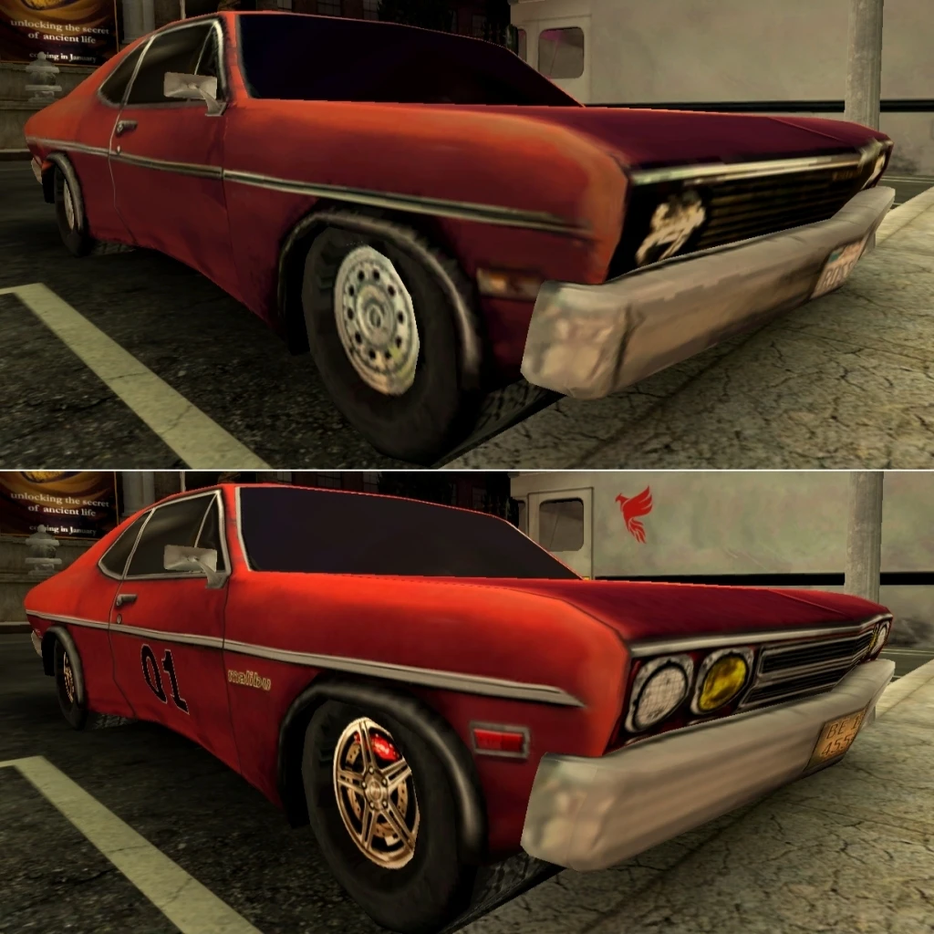 Seitenansicht desselben roten Vintage-Muscle-Cars vor und nach der Restaurierung im Bloodlines Extreme Mod