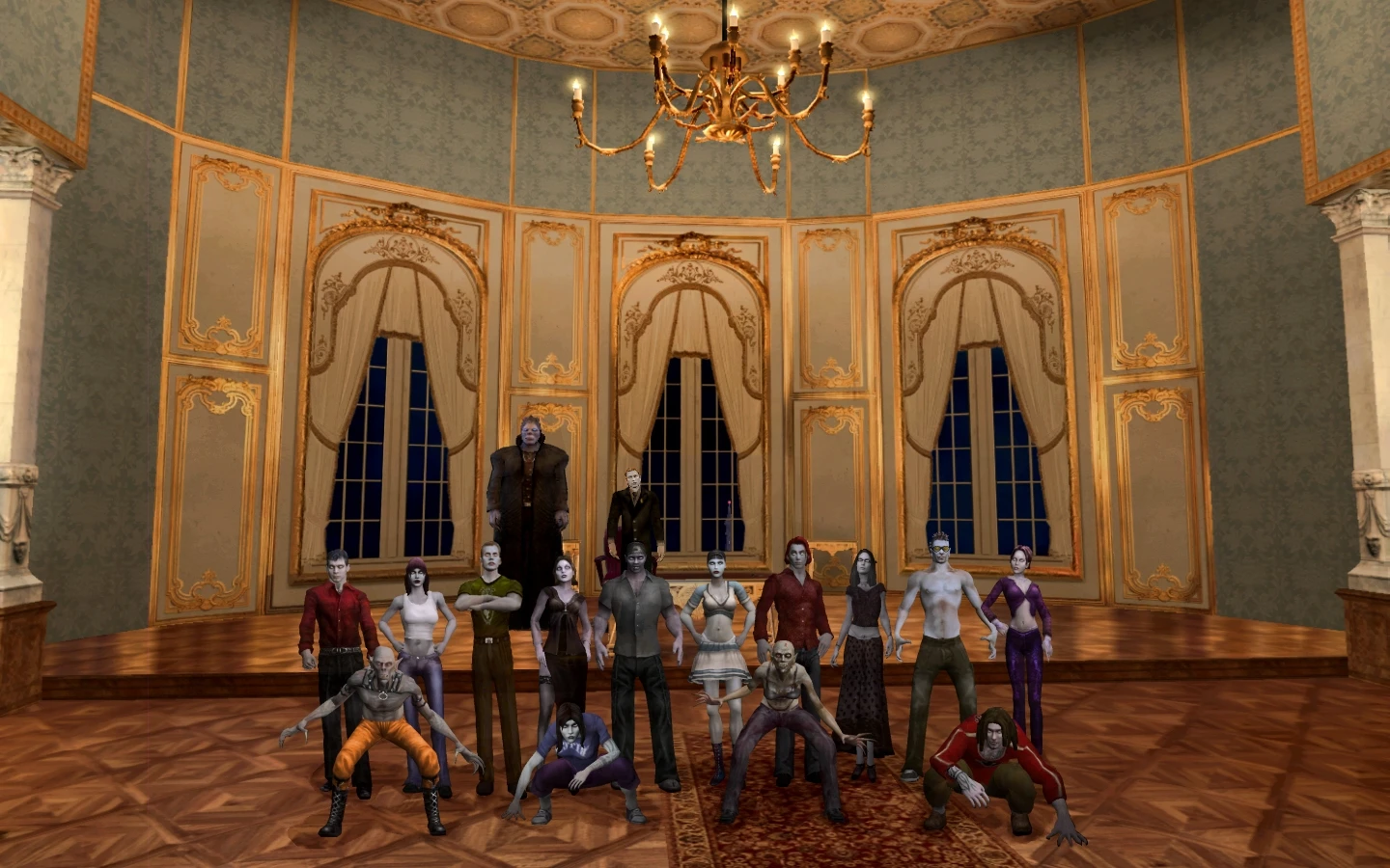Gruppe von Vampircharakteren steht in einem dekorierten Raum mit goldenen Wänden und Kronleuchter im BLOODLINES EXTREME Mod