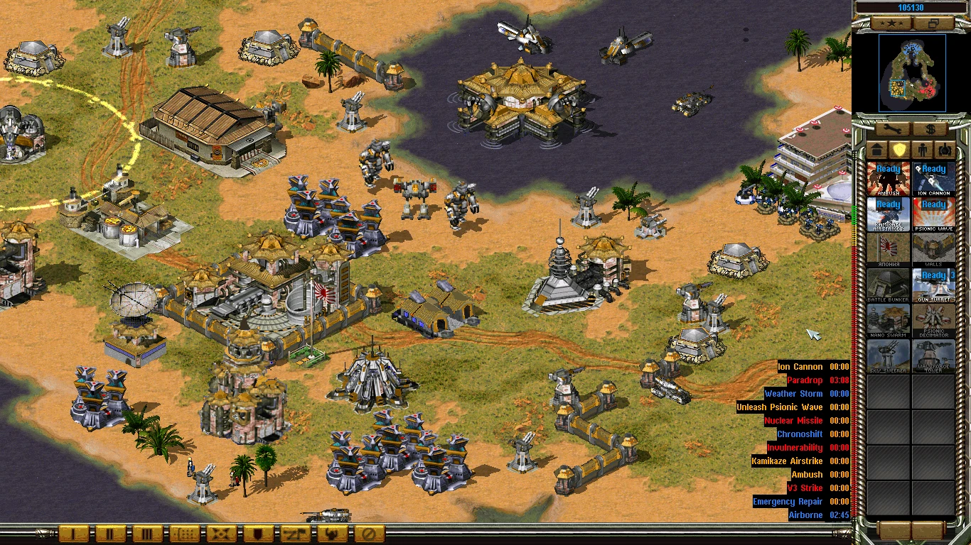 Vista superior de base fortificada con torretas y unidades en la interfaz del mod C&C Revolt GLA