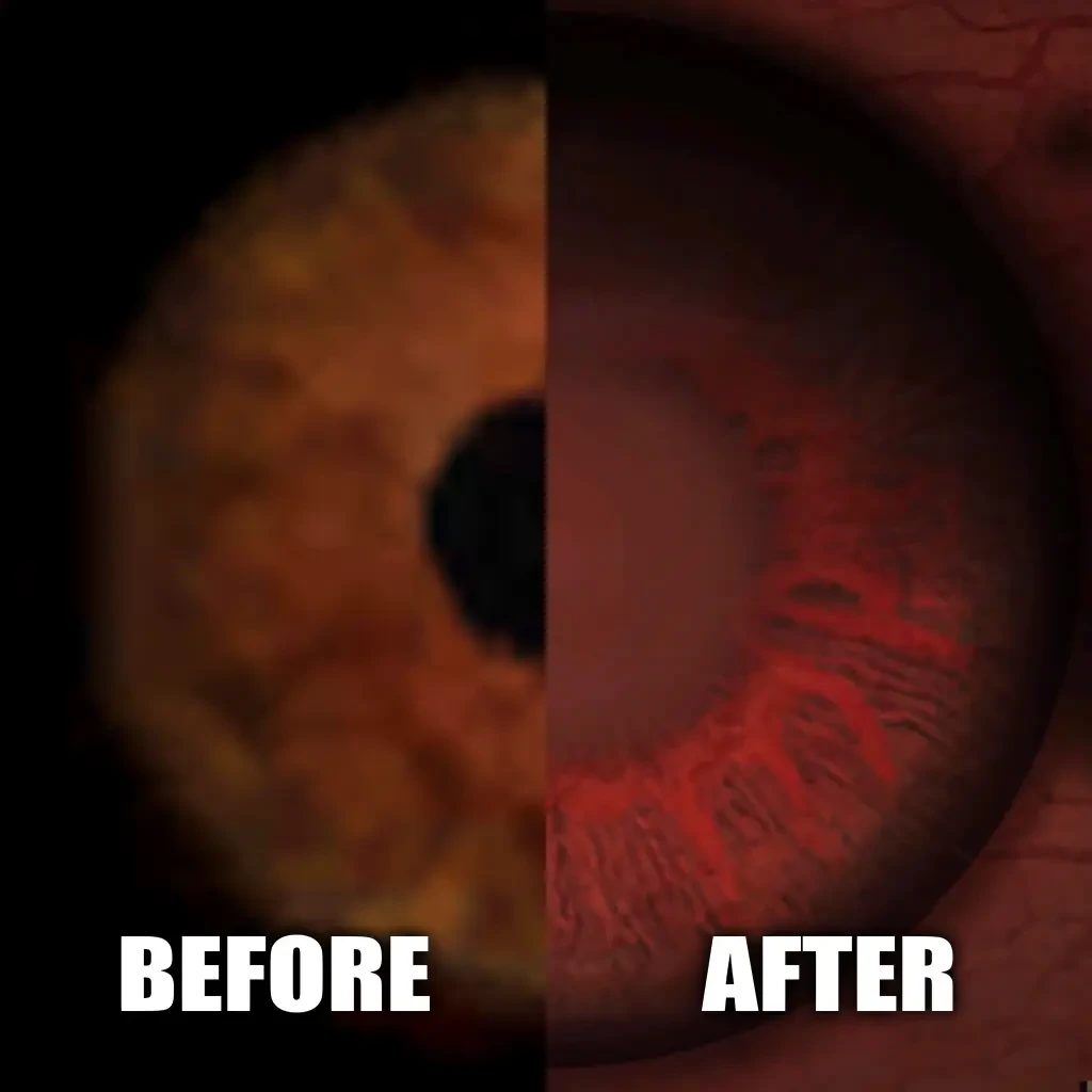Close-up comparison of character eyes before and after improvement in Vampire The Masquerade Bloodlines mod