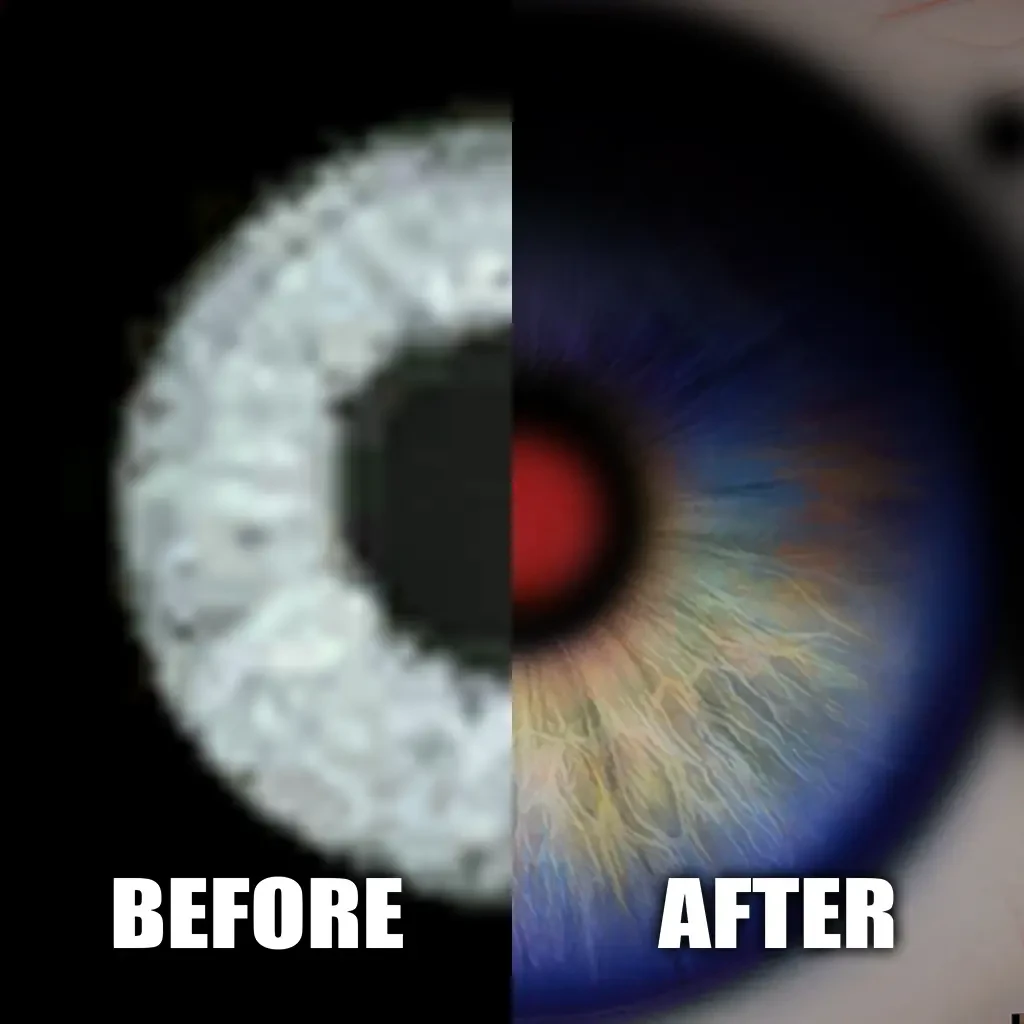 Comparison of low resolution and enhanced detailed eye texture showing before and after effects in game mod