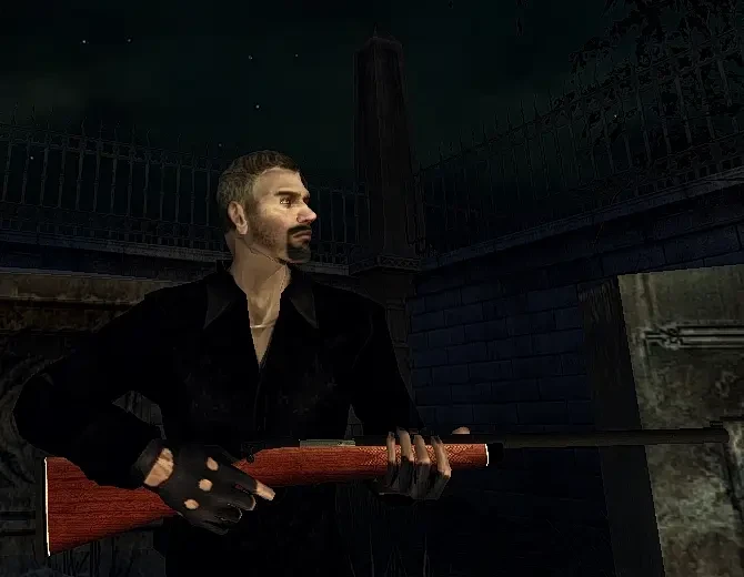Postać trzymająca karabin nocą przy ciemnym gotyckim budynku w modzie Vampire The Masquerade Bloodlines