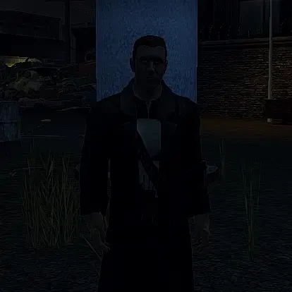 Ciemne miejskie otoczenie z męską postacią obok niebieskiej kolumny w modzie Vampire The Masquerade Bloodlines
