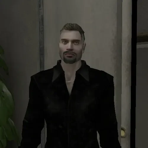 Zrzut ekranu męskiego NPC w czarnej kurtce wewnątrz budynku w modzie Vampire The Masquerade Bloodlines