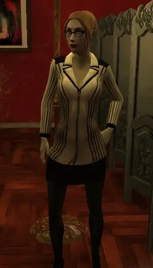 Obraz żeńskiego NPC w pasiastym żakiecie i okularach stojącej w pomieszczeniu w Vampire: The Masquerade - Bloodlines z modem Companion
