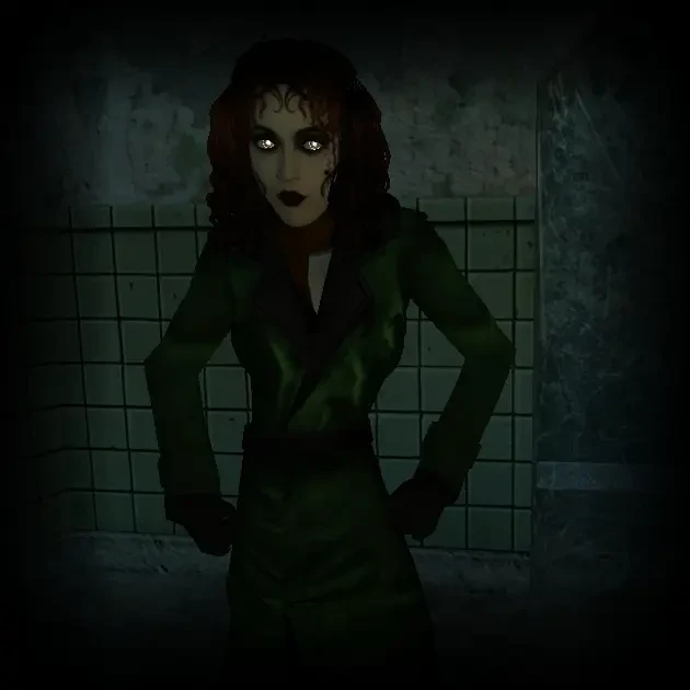 Kobiecy wampir-towarzysz z świecącymi oczami stoi w ciemnym pomieszczeniu z kafelkami w modzie Vampire The Masquerade Bloodlines