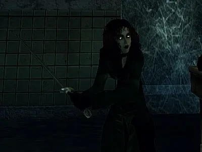 Postać trzymająca miecz w ciemnym pokoju z pękniętą ścianą i kafelkami w modzie Vampire The Masquerade