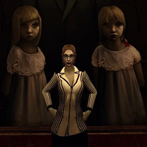 Postać kobieca stoi z rękami na biodrach przed dwoma dużymi upiornymi postaciami dzieci w modzie Vampire The Masquerade Companion