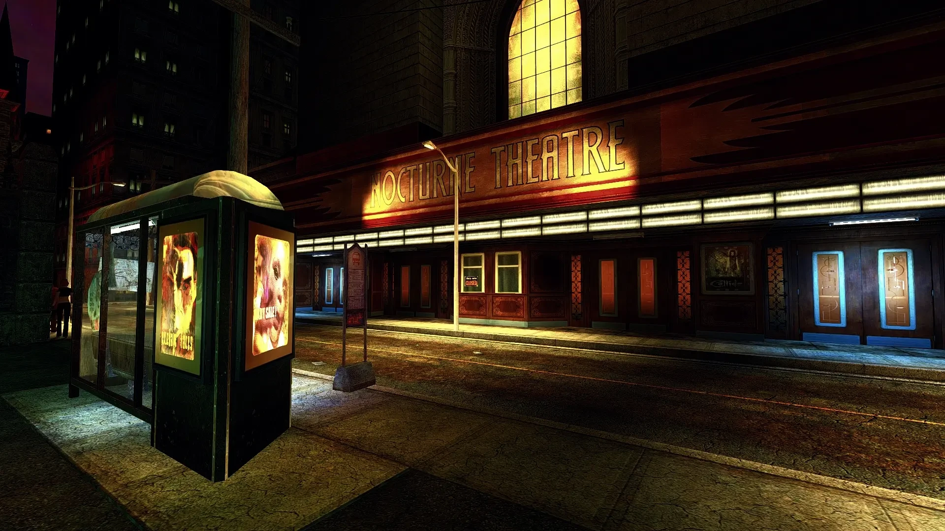 Підсвічений фасад театру Nocturne і автобусна зупинка вночі у моді Dev0lved ENB для Vampire The Masquerade