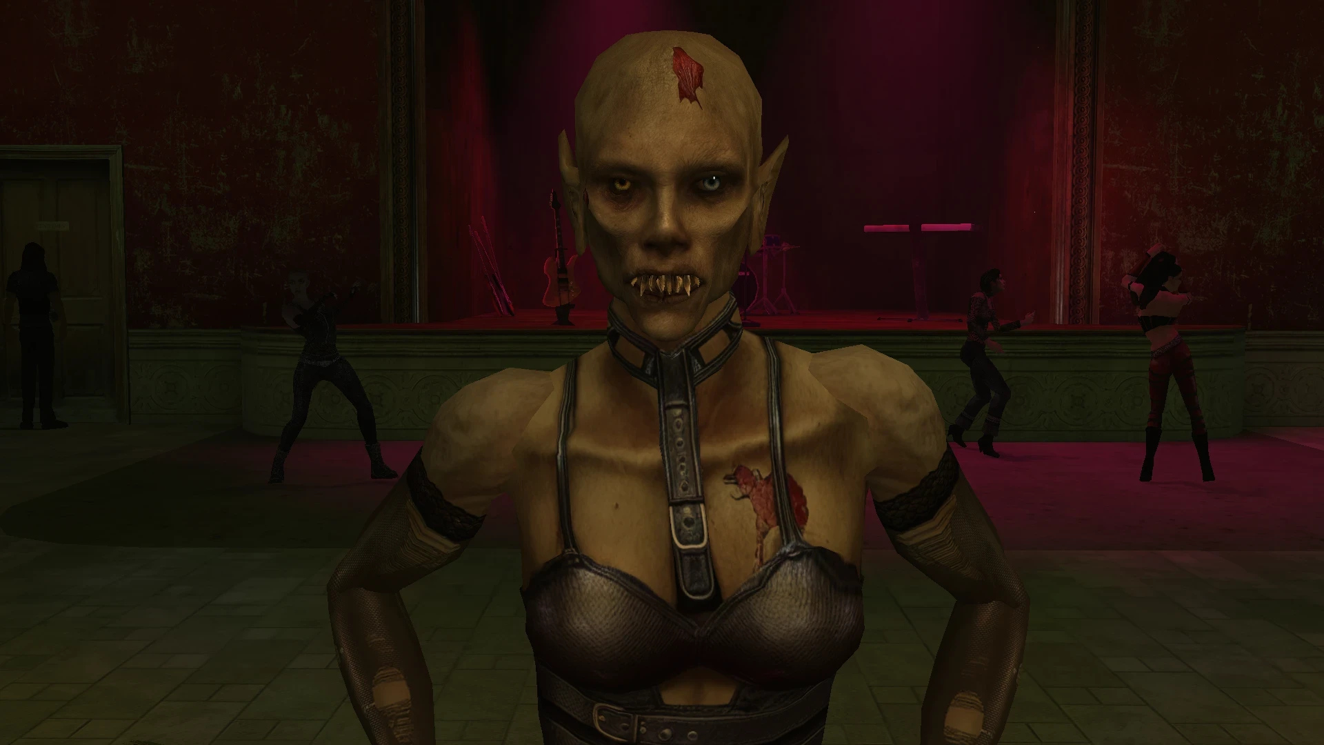 Zbliżenie groteskowej postaci wampira w ciemnym klubie z moda Vampire The Masquerade Bloodlines