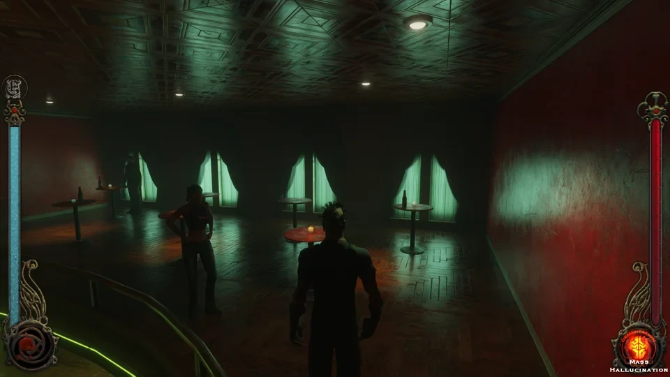 Скриншот темного бара с персонажами и зелёными занавесками в моде Vampire The Masquerade Bloodlines RTX Remaster