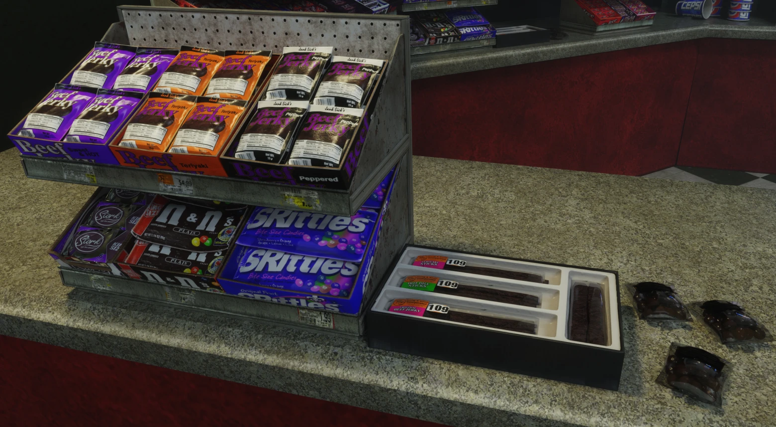 Прилавок с упаковками говяжьей вяленой мяса, конфетами Skittles, M&M's и другими закусками в Vampire The Masquerade Bloodlines RTX Remaster