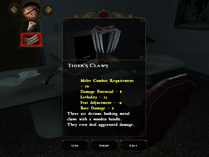 Скриншот с характеристиками оружия Tiger's Claws, урон и смертельность в патче Vampire The Masquerade Bloodlines
