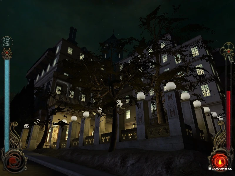 Ночной вид на слабо освещённое здание с деревьями и фонарями в моде Vampire The Masquerade