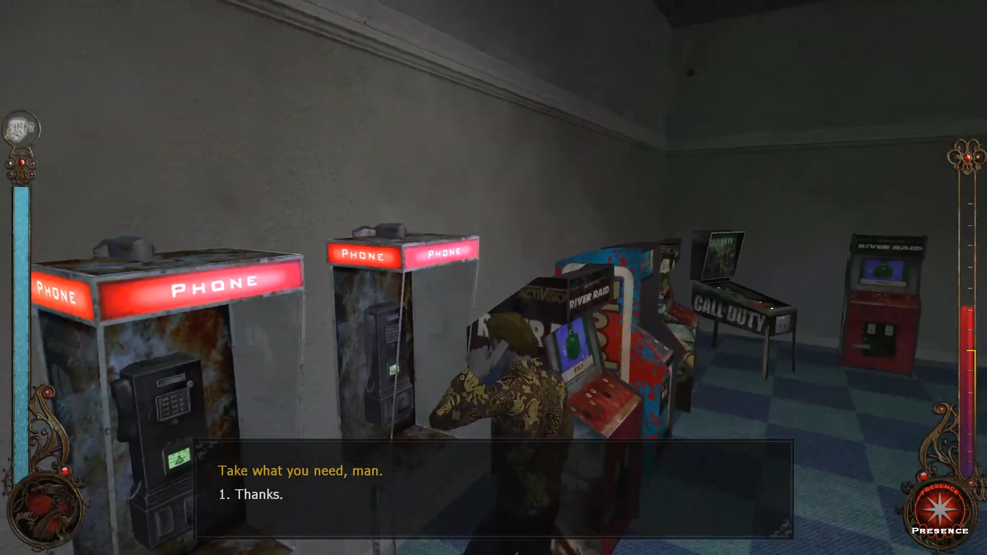 Character using a payphone in a dimly lit arcade room with classic game cabinets in Vampire: The Masquerade mod