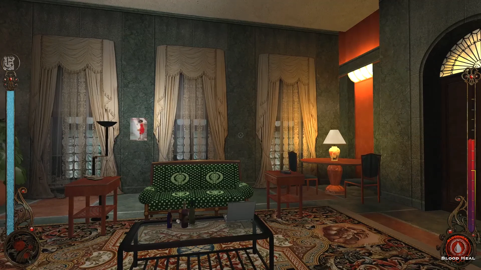 Cozy living room interior with vintage furniture, curtains, and a patterned rug in Vampire The Masquerade Bloodlines mod