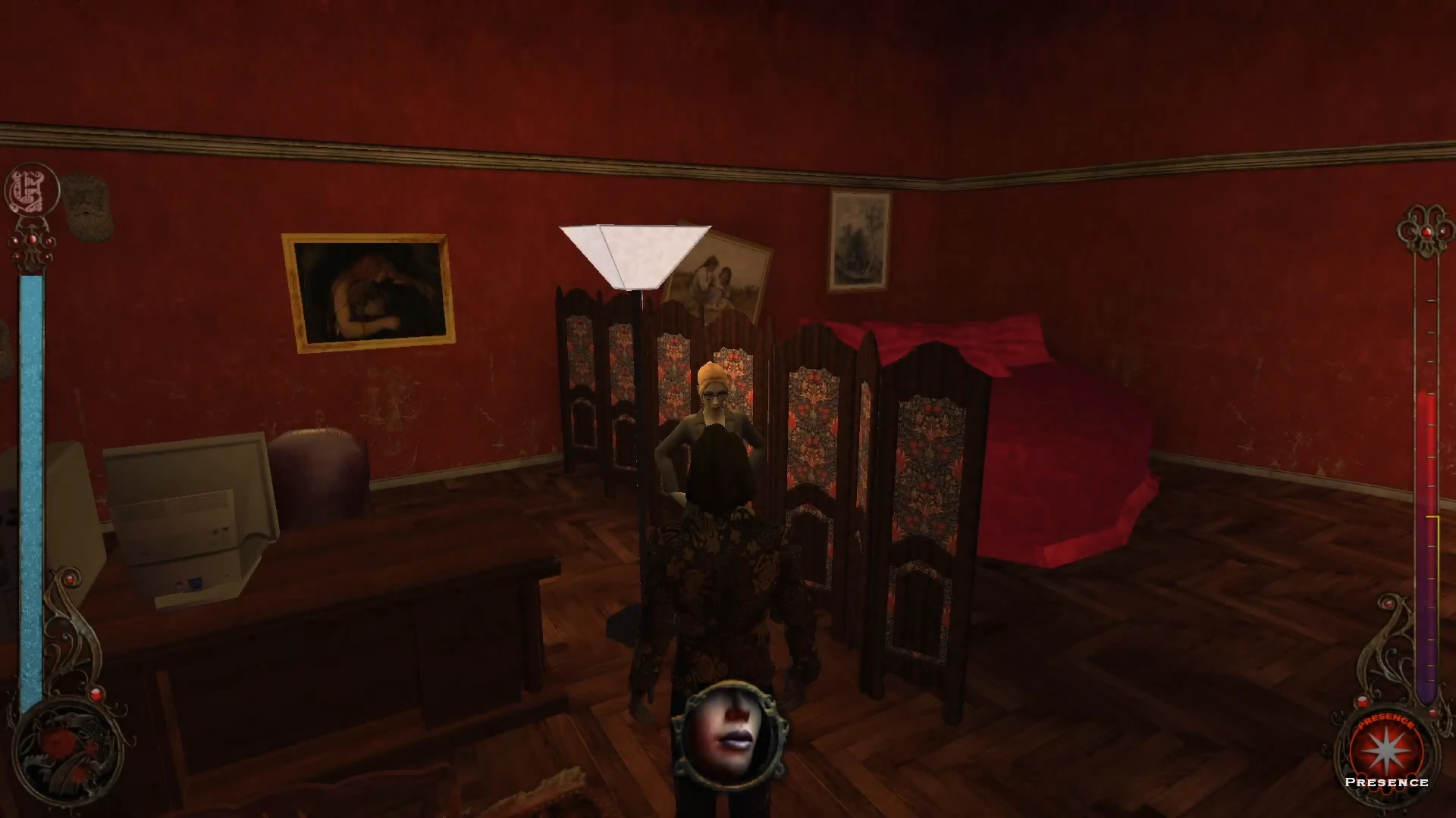 Player character faces a woman behind a floral screen in a dimly lit red room with paintings and old computer