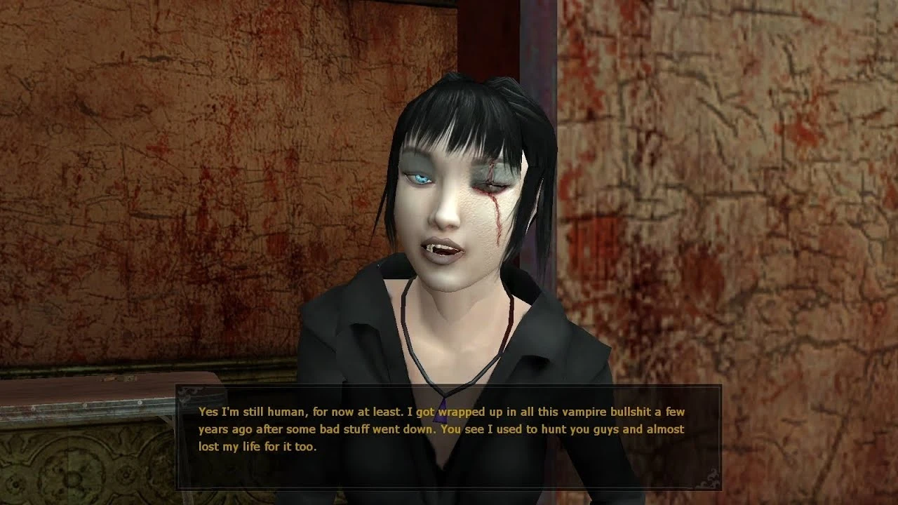 In-game dialogue screenshot showing a female vampire character with a damaged eye and dark hair speaking to the player