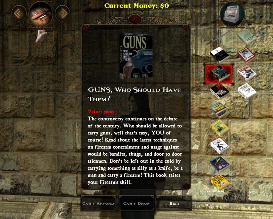 Inventory screen showing the Guns skill book description and value in Vampire the Masquerade mod VtM The Final Nights