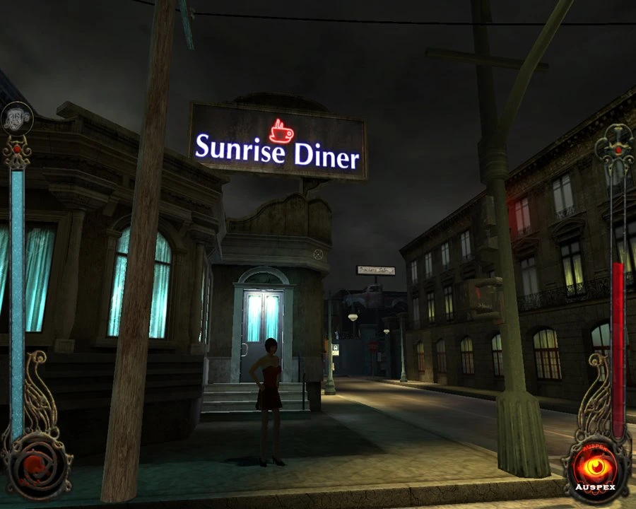 Night scene showing a dimly lit street with a woman standing outside the Sunrise Diner