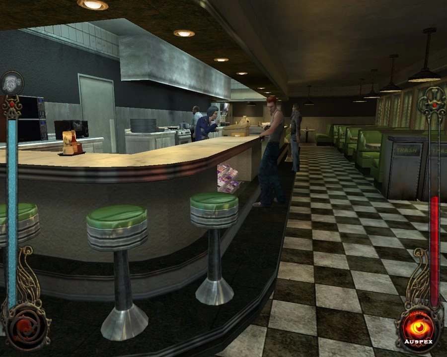 In-game screenshot showing a classic diner interior with green stools and checkered floor from Vampire The Masquerade mod The Final Nights