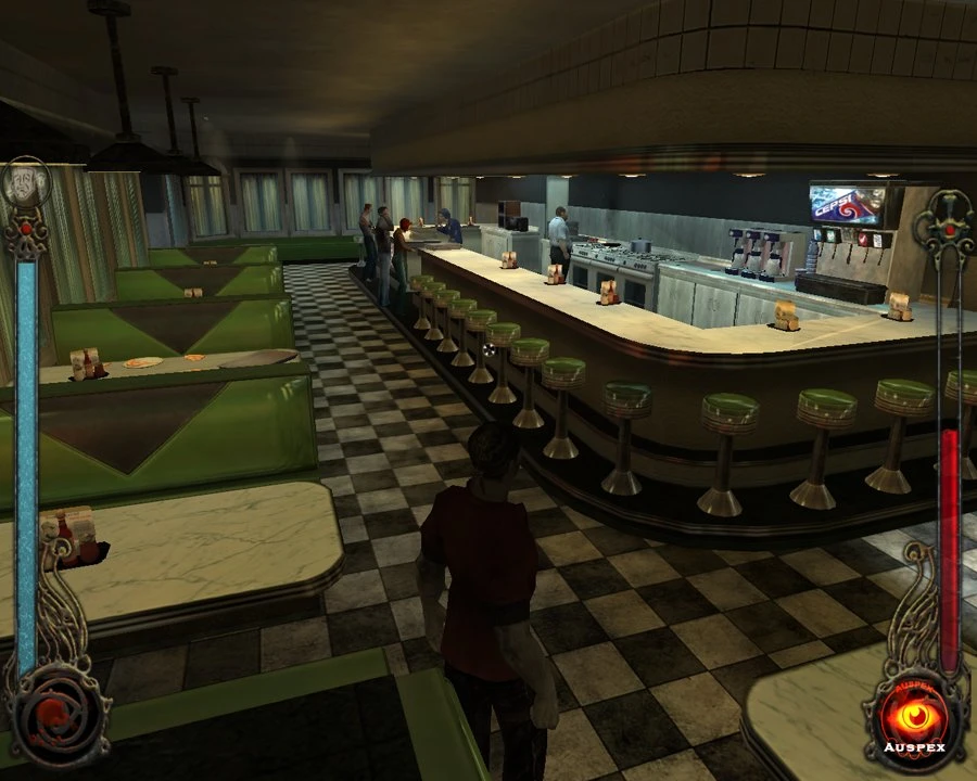 In-game screenshot showing a character inside a retro diner with green booths and bar stools in Vampire: The Masquerade mod
