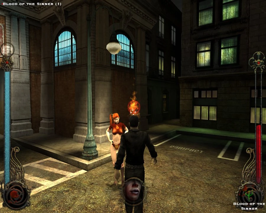 Screenshot from Vampire The Masquerade Bloodlines showing a male character facing a fiery woman in a dark, urban alley