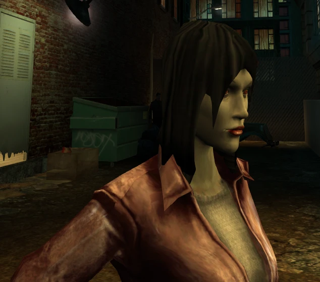 Female vampire character with dark hair and red eyes stands in a dimly lit urban alley in VtM: The Final Nights mod