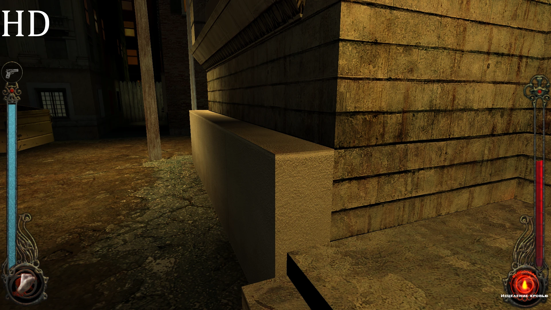 Captura de pantalla de un callejón urbano nocturno con texturas detalladas de paredes y suelo del mod VTMB A.I. HD Textures en Vampire The Masquerade Bloodlines