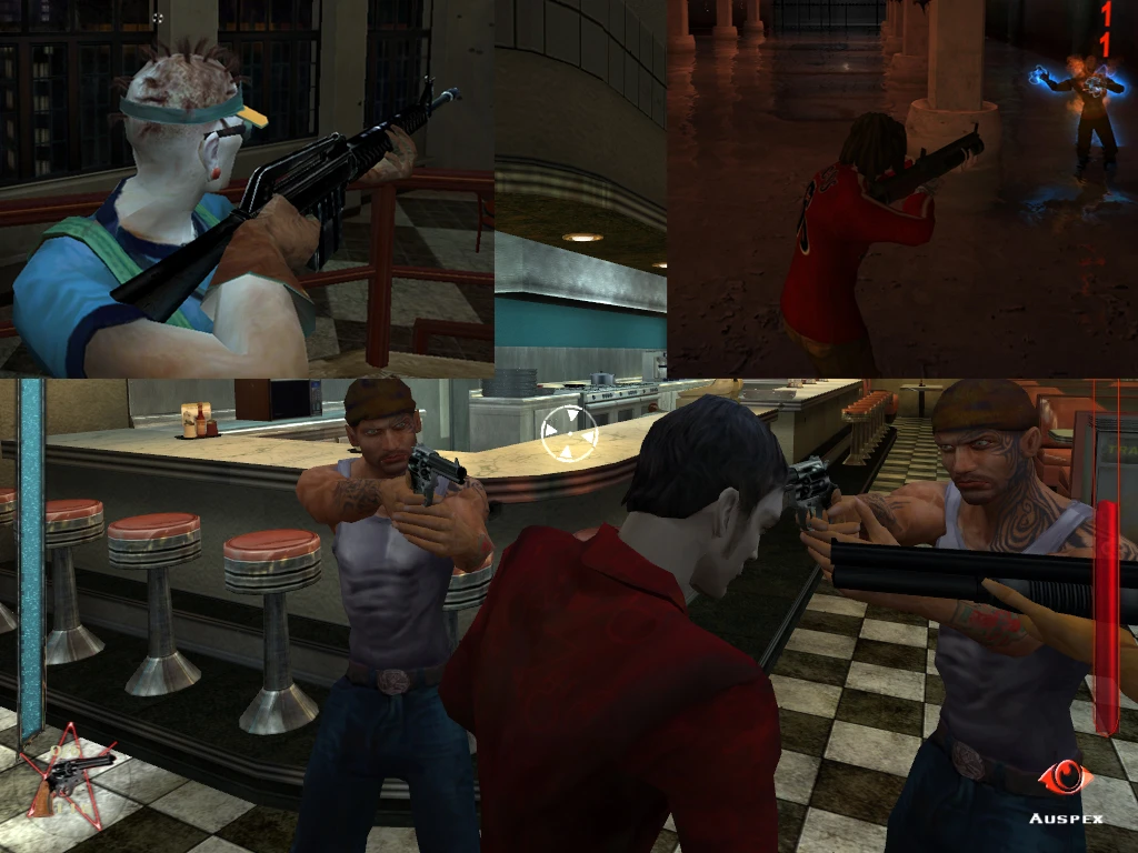 Четыре сцены из мода Arsenal для Vampire The Masquerade Bloodlines с персонажами, стреляющими из оружия внутри помещений