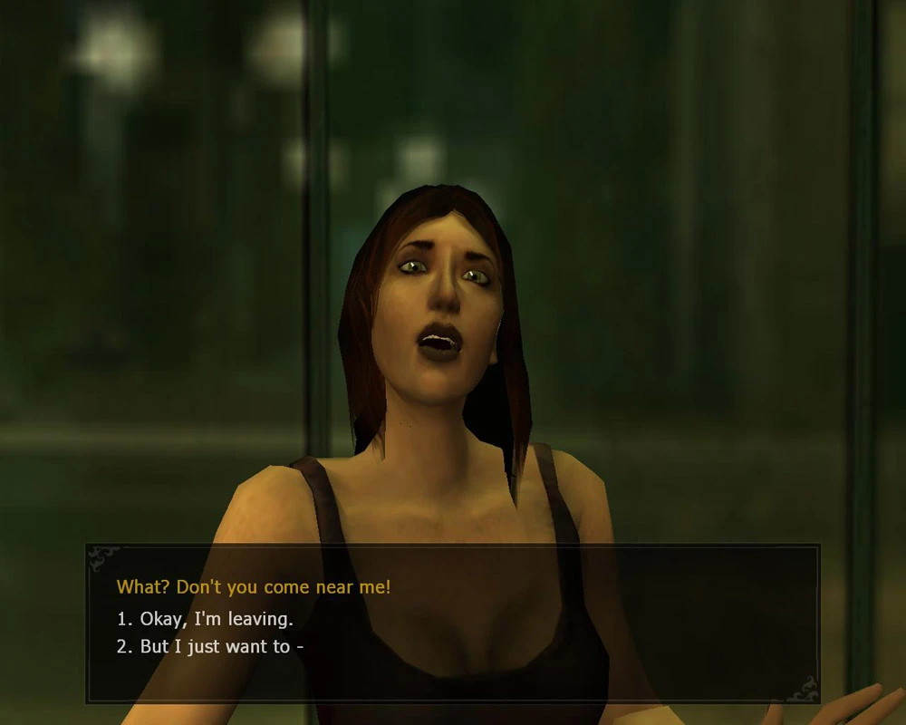 Zrzut ekranu z gry pokazujący postać kobiecą z opcjami dialogowymi w modzie Camarilla Edition do Vampire The Masquerade Bloodlines