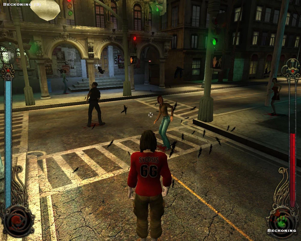 Zrzut ekranu gry z postaciami na popękanej miejskiej ulicy i latającymi nietoperzami w modzie Vampire: The Masquerade