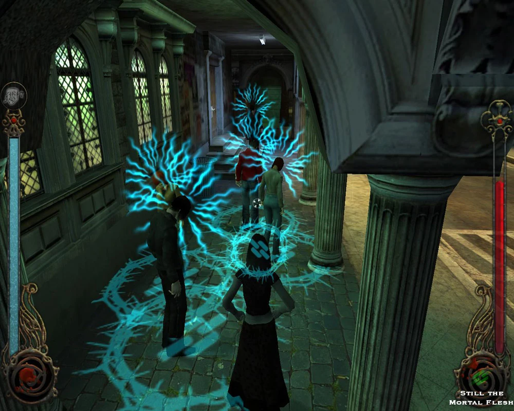 Postacie wykonujące świecący niebieski magiczny rytuał w średniowiecznym korytarzu w modzie Vampire The Masquerade Bloodlines