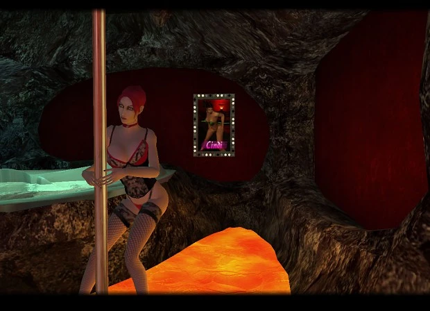 Скриншот из Vampire The Masquerade с женщиной, танцующей на шесте в темном стрип-клубе с лавовым полом