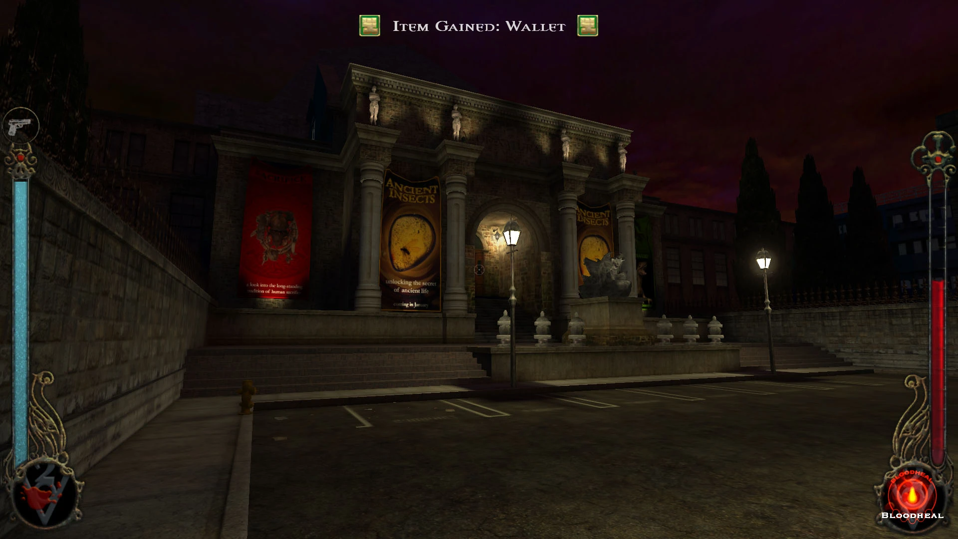 Ночная городская сцена возле музея с постерами Ancient Insects в моде Vampire The Masquerade - Bloodlines