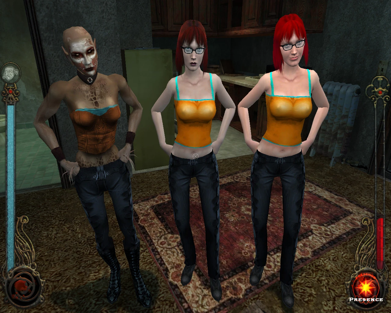 Скриншот игры Vampire The Masquerade Bloodlines с тремя разными версиями женского персонажа с красными волосами и очками в комнате
