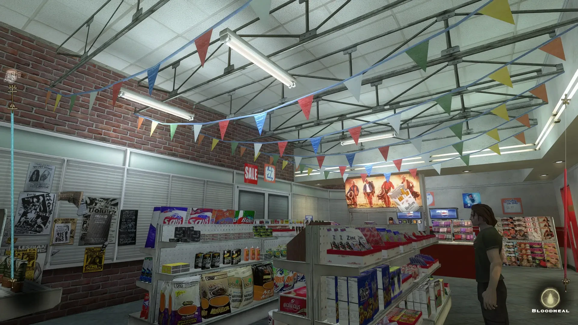 Captura de pantalla del juego que muestra estantes detallados de tienda de comestibles decorados con banderas coloridas y un personaje dentro