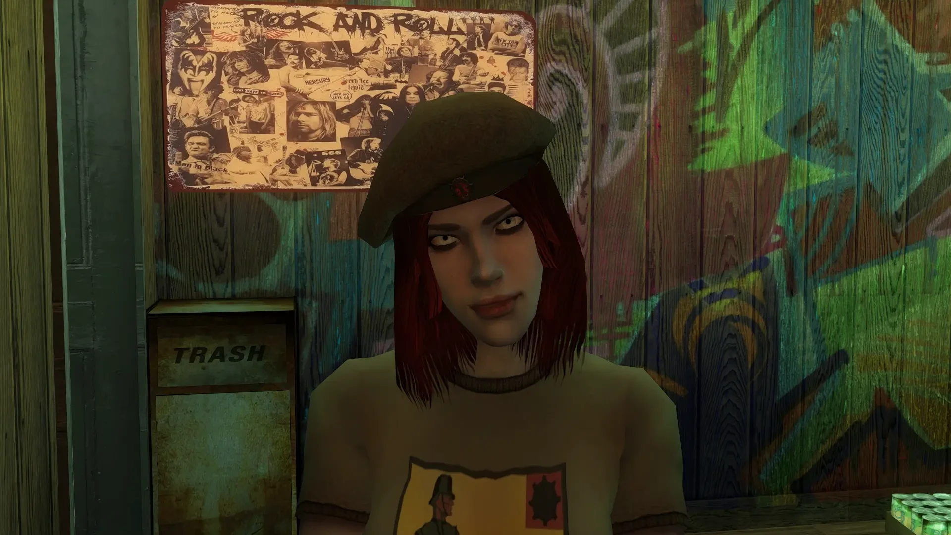 Primer plano de una mujer con cabello rojo y boina verde en una habitación con grafitis en el mod VTMB HD Overhaul