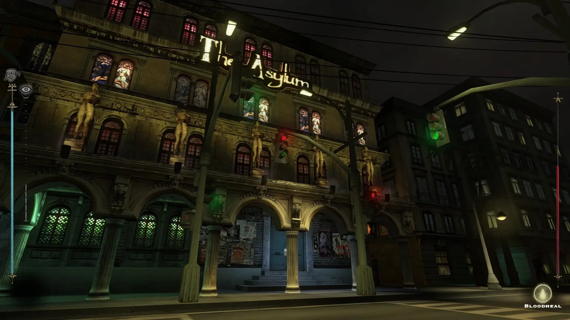 Escena nocturna mostrando la fachada iluminada de The Asylum con vitrales en el mod Vampire The Masquerade