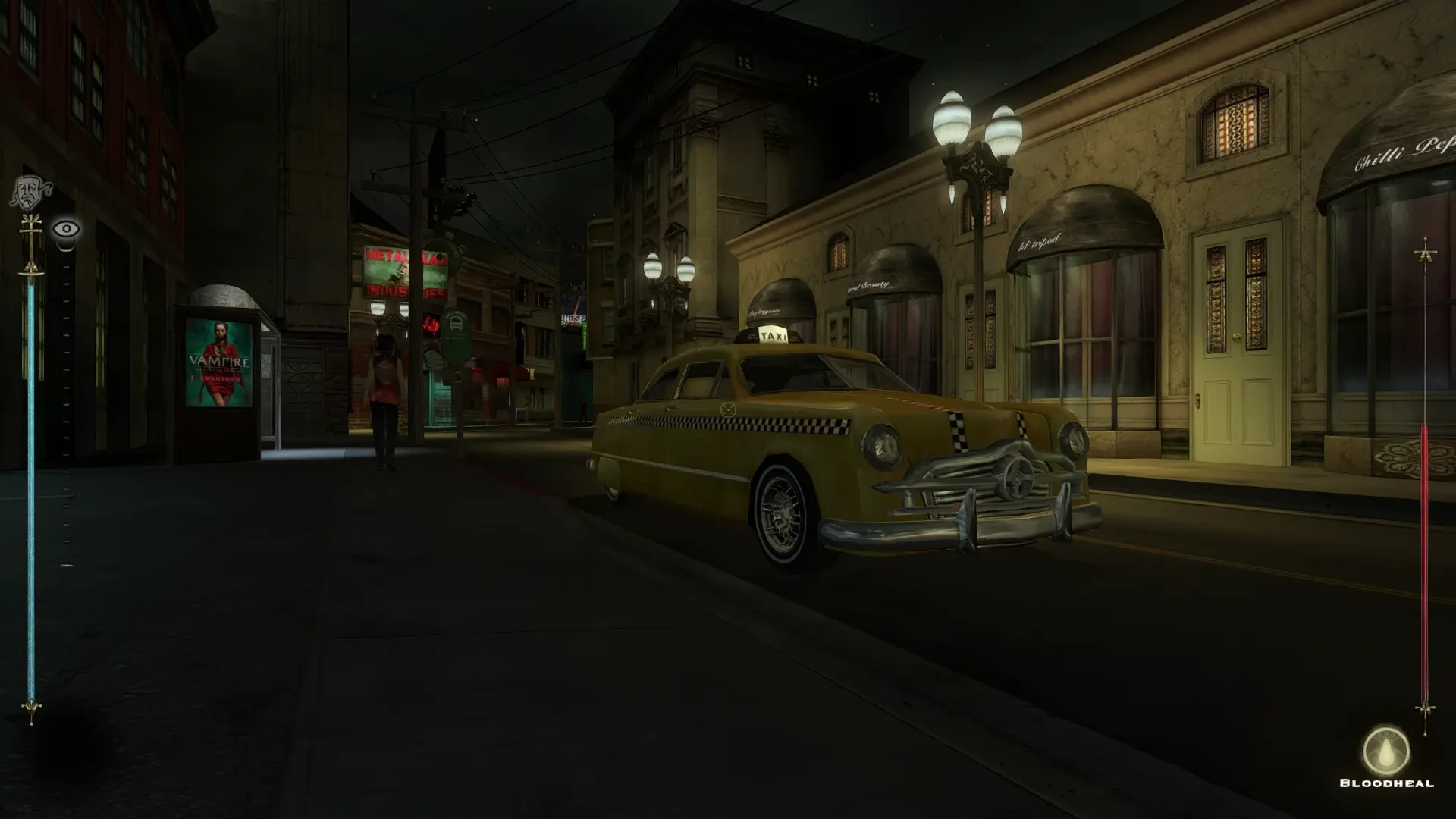 Taxi amarillo estacionado junto a farolas en entorno urbano oscuro del mod Vampire The Masquerade Bloodlines
