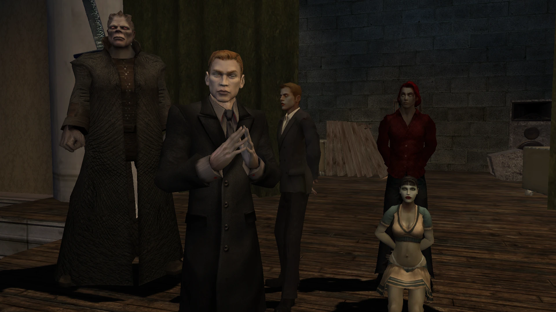 Grupo de personajes de Vampire The Masquerade Bloodlines en interior con poca luz y texturas detalladas del mod VTMB HD Overhaul
