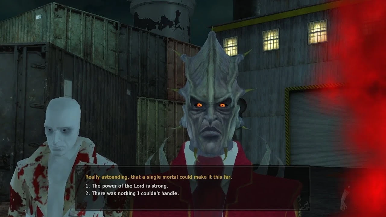 Screenshot from VTMB Prelude mod showing a dialogue with a demonic vampire character and a blood-splattered figure