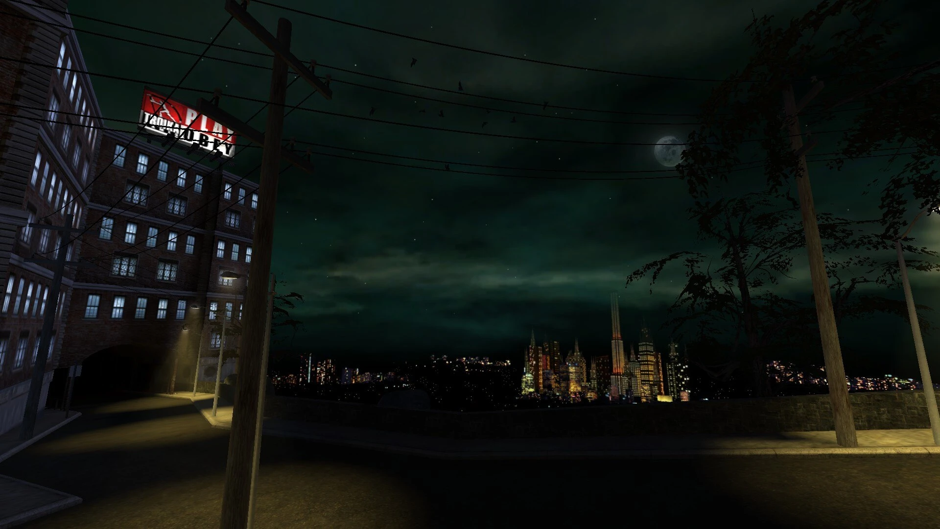 Night view of a dark city skyline with lit windows and street lamps under a cloudy sky and full moon in VTMB Prelude mod